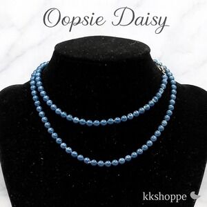 Oopsie Daisy Blue Enamel Beaded 24" MCM Necklace Signed